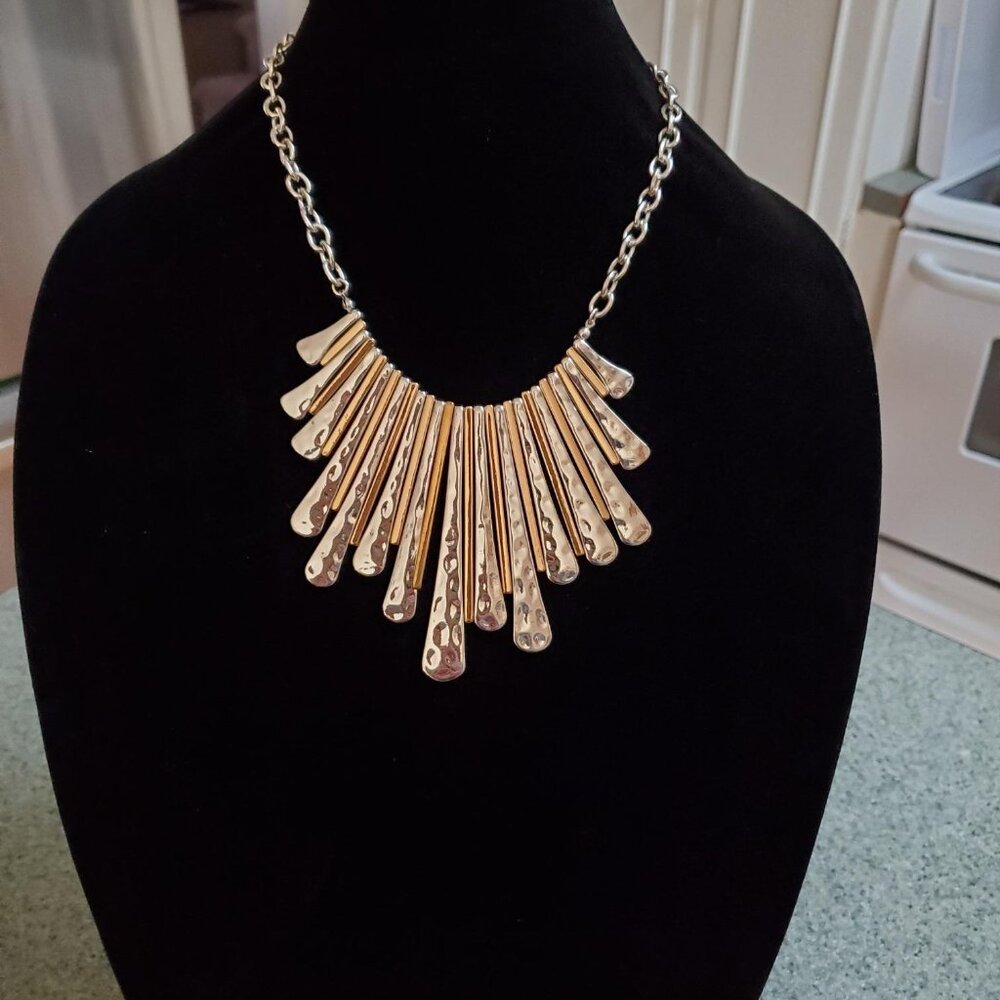 Natasha Signed Statement Hammered Silver & GOLD Tone Style Necklace 22-24"